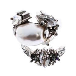 Pre Owned CH Carolina Herrera Crystal Faux Pearl Silver Tone Bypass Ring Size 56