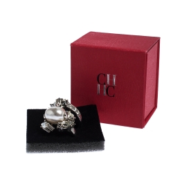 Pre Owned CH Carolina Herrera Crystal Faux Pearl Silver Tone Bypass Ring Size 56