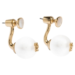Pre Owned CH Carolina Herrera Faux Pearl Gold Tone Long Post Stud Earrings