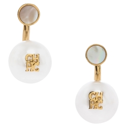 Pre Owned CH Carolina Herrera Faux Pearl Gold Tone Long Post Stud Earrings