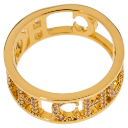 Pre Owned Carolina Herrera CH Lovers Crystal Gold Tone Ring Size 55