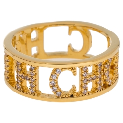 Pre Owned Carolina Herrera CH Lovers Crystal Gold Tone Ring Size 55