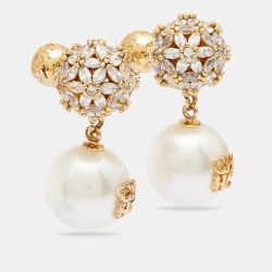 Pre Owned CH Carolina Herrera Bonquet Jasmine Faux Pearl & Crystal Drop Earrings