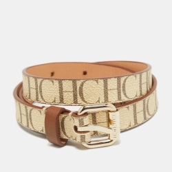 Pre Owned CH Carolina Herrera Beige/Brown Monogram Coated Canvas Slim Belt 80 CM