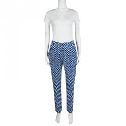 مملوكة مسبقًا CH Carolina Herrera Blue And White Check Printed Silk Elasticized Waist Pants S