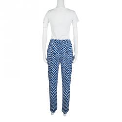 مملوكة مسبقًا CH Carolina Herrera Blue And White Check Printed Silk Elasticized Waist Pants S