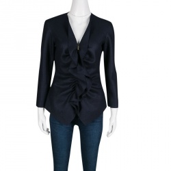 Pre Owned CH Carolina Herrera Navy Blue Fleece Wool Ruffle Detail Zip Front Jacket M