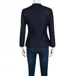 Pre Owned CH Carolina Herrera Navy Blue Fleece Wool Ruffle Detail Zip Front Jacket M