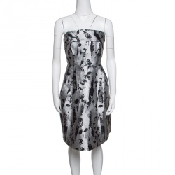 Silver And Black Floral Jacquard Strapless Dress