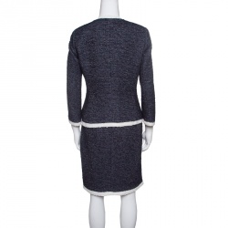 Pre Owned CH Carolina Herrera Navy Blue Textured Contrast Trim Detail Skirt Suit S