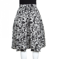 CH Carolina Herrera Monochrome Floral Patterned Brocade Flared Skirt M