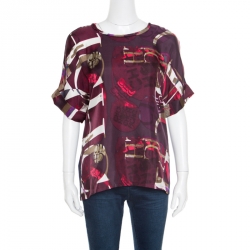 Pre Owned CH Carolina Herrera Multicolor Printed Front Silk Paneled Jersey Top S
