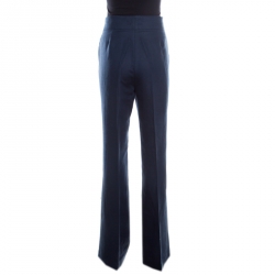 CH Carolina Herrera  Navy Blue Linen and Cotton Flared High Waist Trousers M