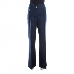 CH Carolina Herrera  Navy Blue Linen and Cotton Flared High Waist Trousers M