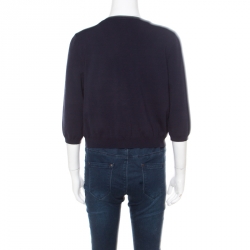 Pre Owned CH Carolina Herrera Navy Blue Knit Ruffle Detail Cropped Cardigan L