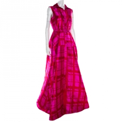 Pre Owned CH Carolina Herrera Pink and Red Gemoetric Jacquard Maxi Shirt Dress M