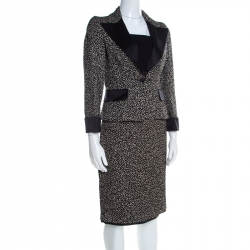 Pre Owned CH Carolina Herrera Monochrome Embossed Jacquard Satin Trim Skirt Suit S