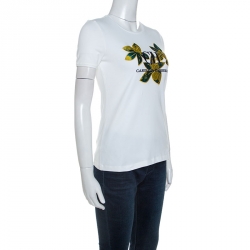 Pre Owned توب سي أتش كارولينا هيريرا تفاصيل إبليك بروكيد قطن ستريتش أبيض XS