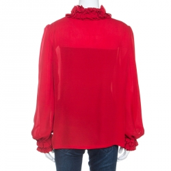 Pre Owned CH Carolina Herrera Red Silk Ruffle Trim Blouse L