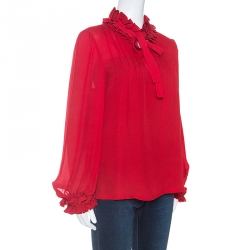Pre Owned CH Carolina Herrera Red Silk Ruffle Trim Blouse L