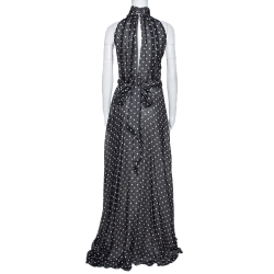Pre Owned CH Carolina Herrera Monochrome Polka Dot Silk Belted Maxi Dress L
