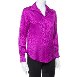 Pre Owned CH Carolina Herrera Purple Leopard Pattern Silk Long Sleeve Blouse L
