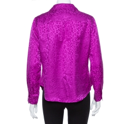 Pre Owned CH Carolina Herrera Purple Leopard Pattern Silk Long Sleeve Blouse L