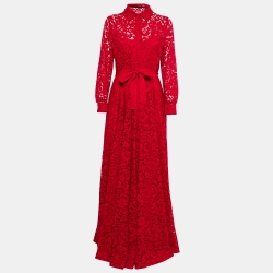 Pre Owned CH Carolina Herrera Red Lace Belted Maxi Shirt Dress M