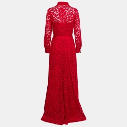Pre Owned CH Carolina Herrera Red Lace Belted Maxi Shirt Dress M