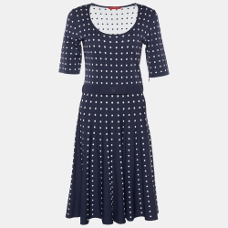 Pre Owned CH Carolina Herrera Navy Blue Polka Dot Jacquard Knit Midi Dress S