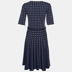 Pre Owned CH Carolina Herrera Navy Blue Polka Dot Jacquard Knit Midi Dress S