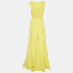 CH Carolina Herrera Yellow Crepe Sleeveless Belted Maxi Dress S