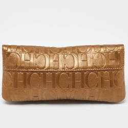 Pre Owned CH Carolina Herrera Gold Monogram Embossed Leather Bow Chain Clutch