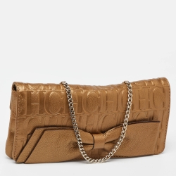 Pre Owned CH Carolina Herrera Gold Monogram Embossed Leather Bow Chain Clutch
