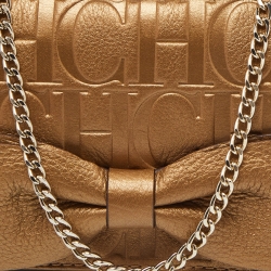 Pre Owned CH Carolina Herrera Gold Monogram Embossed Leather Bow Chain Clutch