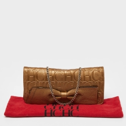 Pre Owned CH Carolina Herrera Gold Monogram Embossed Leather Bow Chain Clutch
