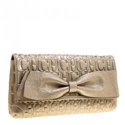 Pre Owned Carolina Herrera Metallic Light Gold Leather Bow Clutch