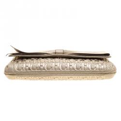 Pre Owned Carolina Herrera Metallic Light Gold Leather Bow Clutch
