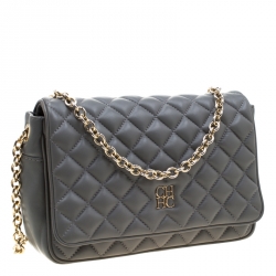 Pre Owned Carolina Herrera Grey Quilted Leather Flap Shoulder Bag