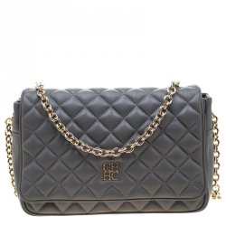 Pre Owned Carolina Herrera Grey Quilted Leather Flap Shoulder Bag