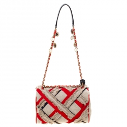 Pre Owned Carolina Herrera Beige/Red Tweed and Fabric Embellished Shoulder Bag