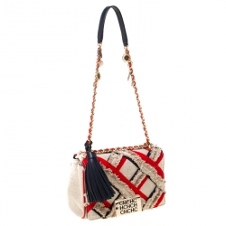 Pre Owned Carolina Herrera Beige/Red Tweed and Fabric Embellished Shoulder Bag
