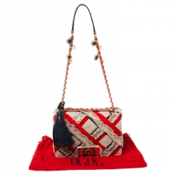 Pre Owned Carolina Herrera Beige/Red Tweed and Fabric Embellished Shoulder Bag