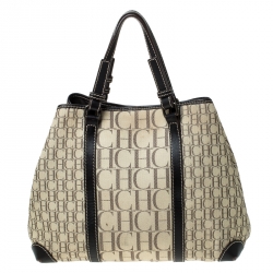 Pre Owned Carolina Herrera Beige/Brown Monogram Canvas and Leather Tote 