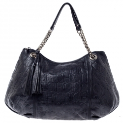 Pre Owned Carolina Herrera Black Monogram Leather Chain Hobo