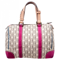 Pre Owned Carolina Herrera Beige/Pink Monogram Canvas/Suede and Leather Andy Boston Bag           