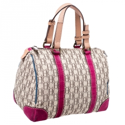 Pre Owned Carolina Herrera Beige/Pink Monogram Canvas/Suede and Leather Andy Boston Bag           