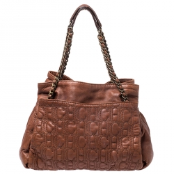 Pre Owned CH Carolina Herrera Brown Monogram Leather Tote