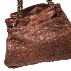 Pre Owned CH Carolina Herrera Brown Monogram Leather Tote