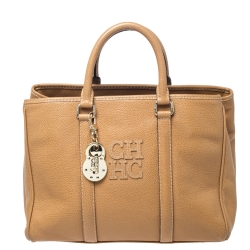 Pre Owned Carolina Herrera Beige Pebbled Leather Medium Matteo Tote